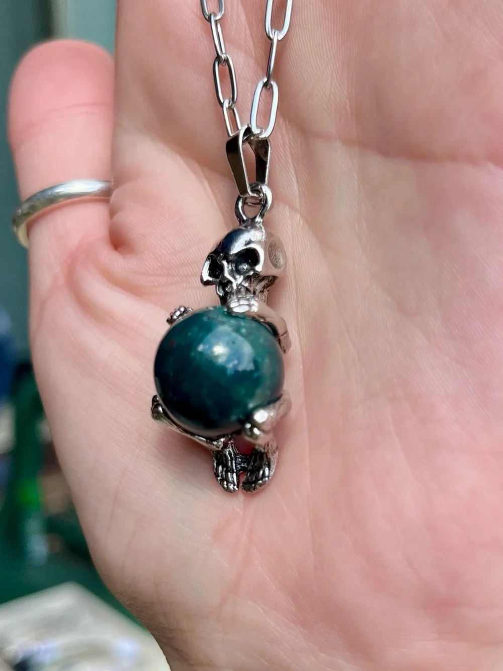 Skeleton Pendant Necklace with Green ocean jasper orb